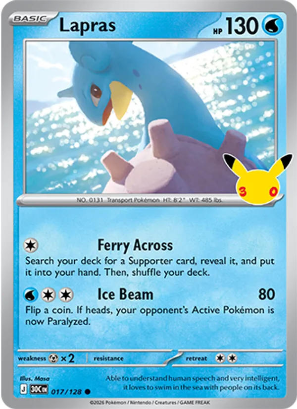Lapras — 30th Celebration #017/128, raw, NM