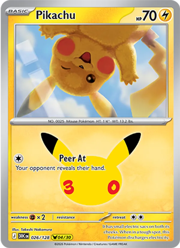 Pikachu — 30th Celebration #026/128, raw, NM
