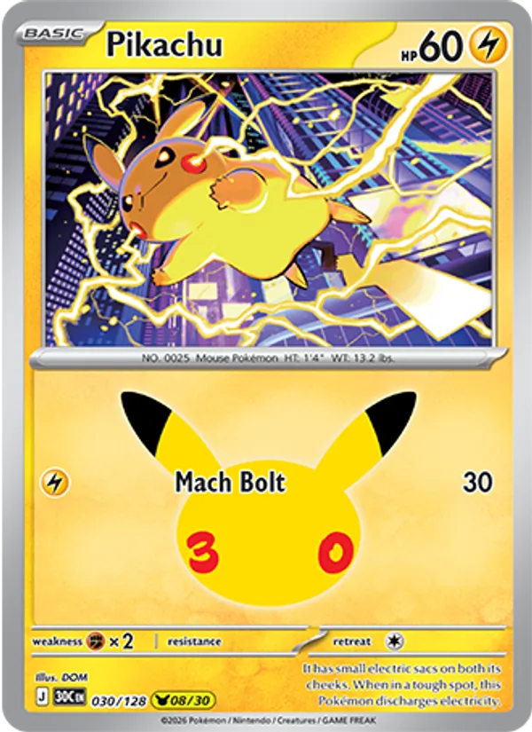 Pikachu — 30th Celebration #030/128, raw, NM