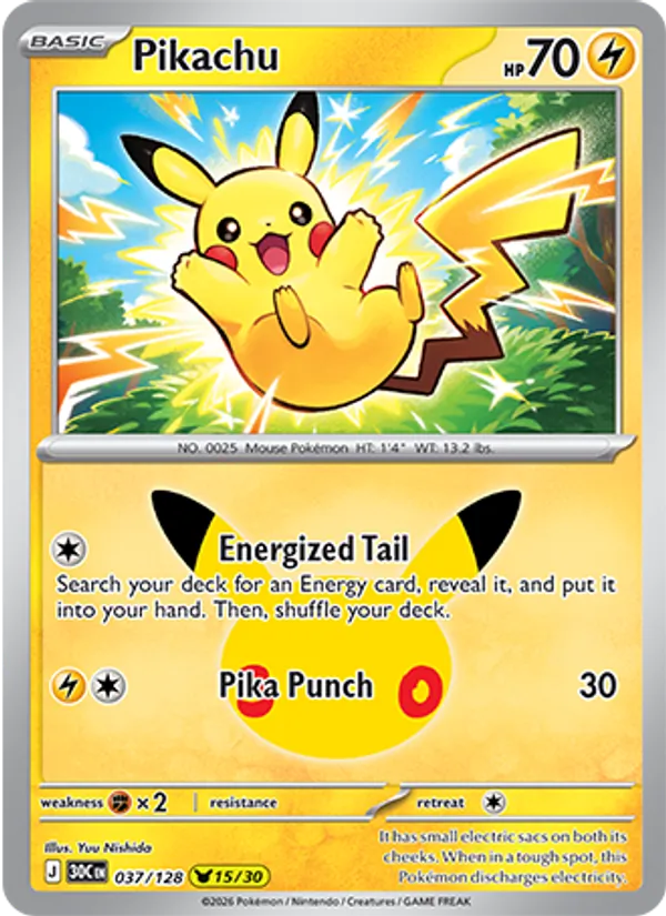 Pikachu — 30th Celebration #037/128, raw, NM
