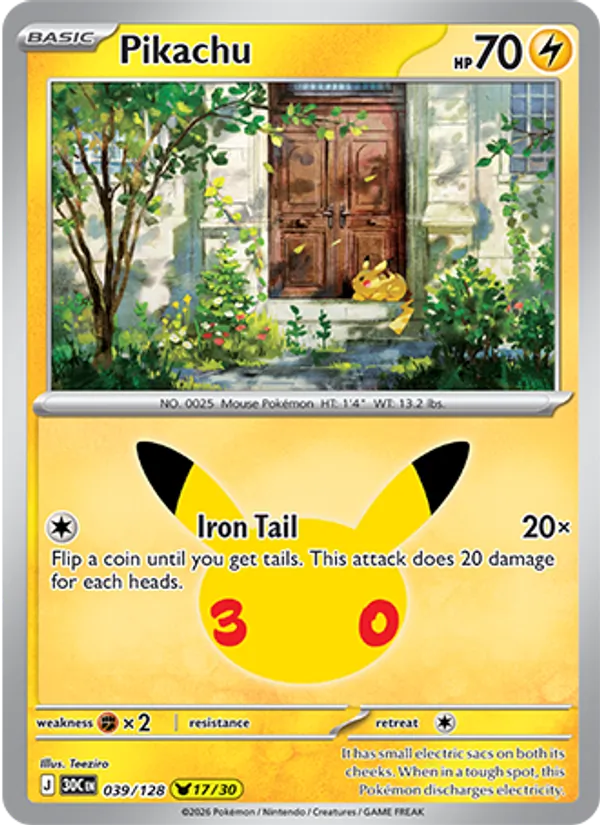 Pikachu — 30th Celebration #039/128, raw, NM