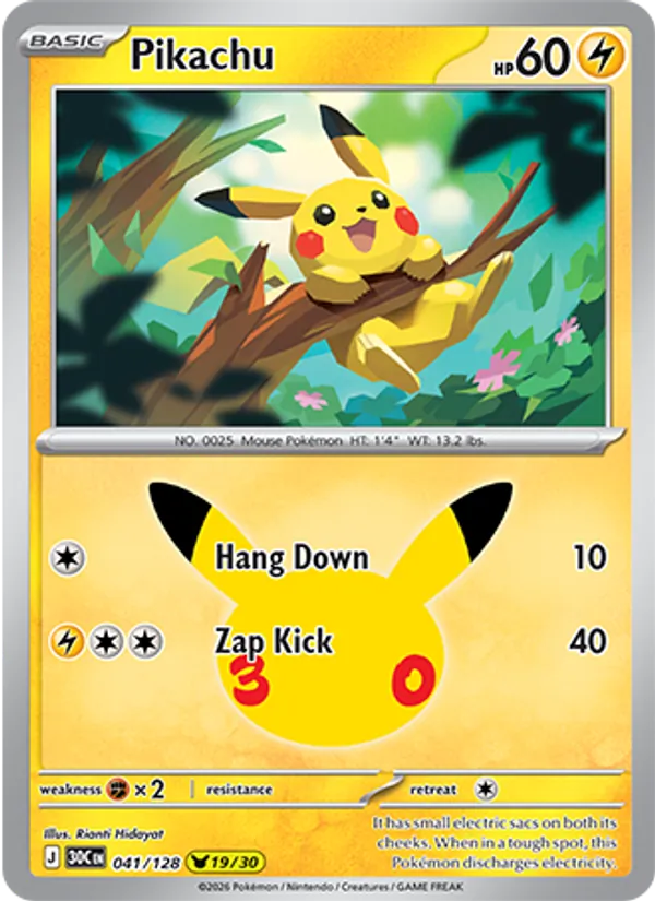 Pikachu — 30th Celebration #041/128, raw, NM