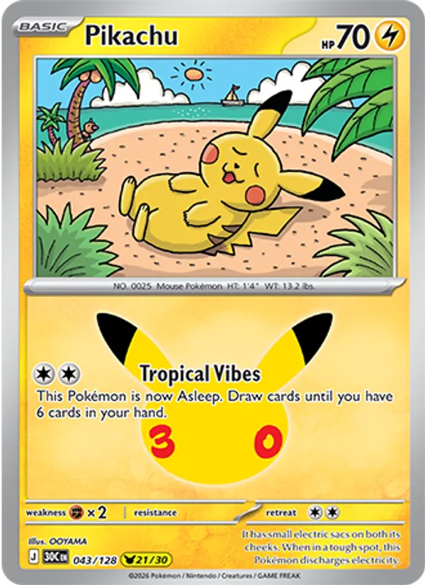 Pikachu — 30th Celebration #043/128, raw, NM