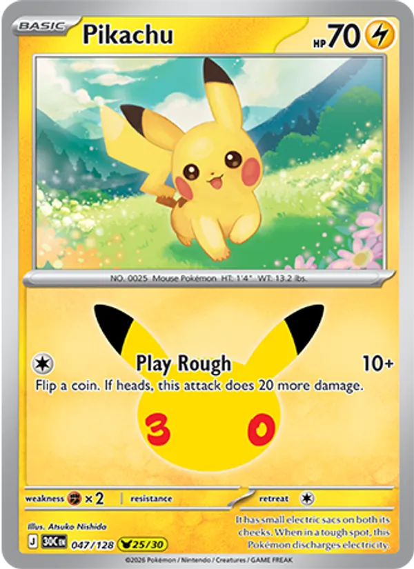 Pikachu — 30th Celebration #047/128, raw, NM