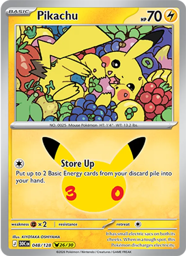 Pikachu — 30th Celebration #048/128, raw, NM
