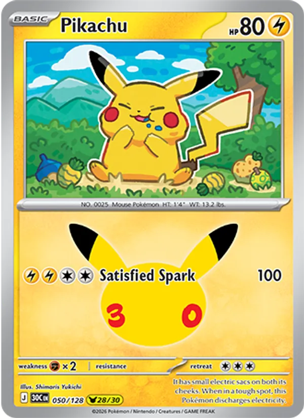 Pikachu — 30th Celebration #050/128, raw, NM