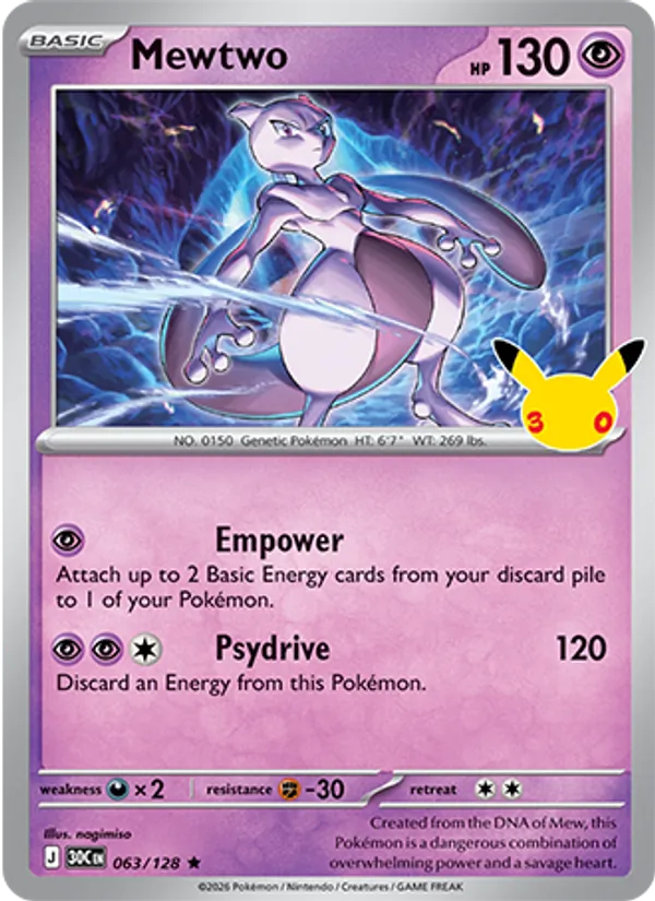 Mewtwo — 30th Celebration #063/128, raw, NM