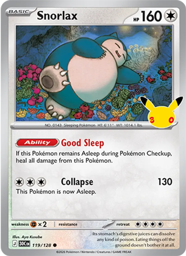 Snorlax — 30th Celebration #119/128, raw, NM