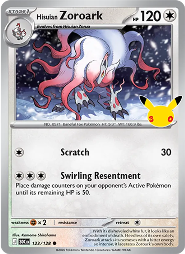 Hisuian Zoroark — 30th Celebration #123/128, raw, NM