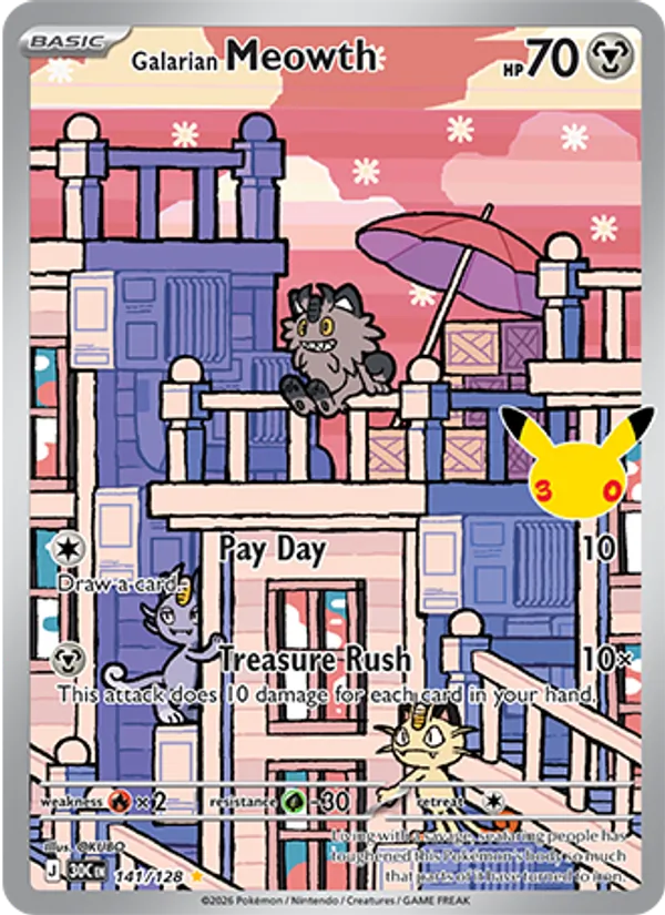 Galarian Meowth — 30th Celebration #141/128, raw, NM