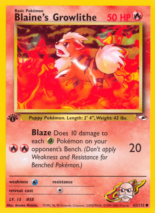 Blaine's Growlithe — Gym Heroes #62/132, raw, NM