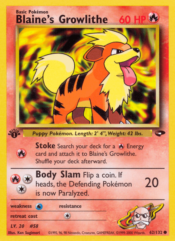Blaine's Growlithe — Gym Challenge #62/132, raw, NM