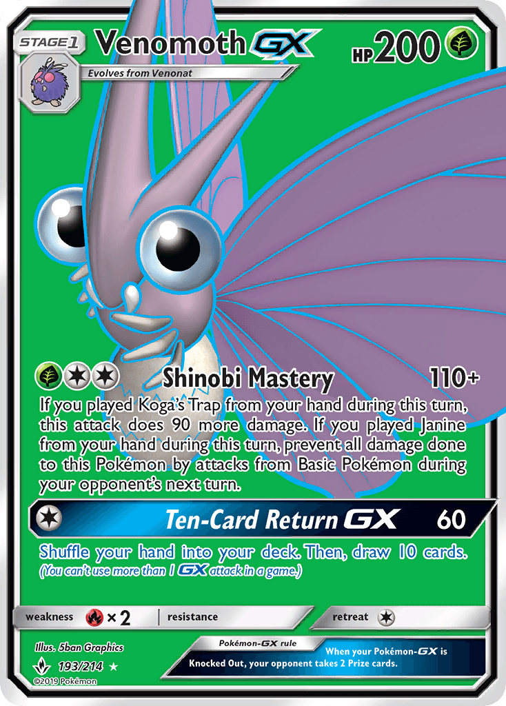 Venomoth GX — Unbroken Bonds #193/214, raw, NM