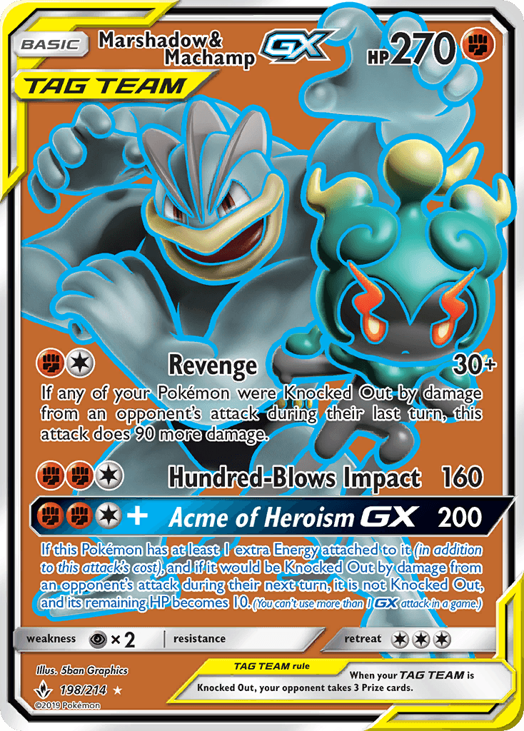 Marshadow & Machamp GX — Unbroken Bonds #198/214, raw, NM