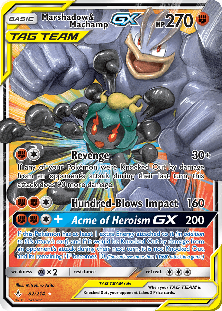 Marshadow & Machamp GX — Unbroken Bonds #82/214, PSA 10