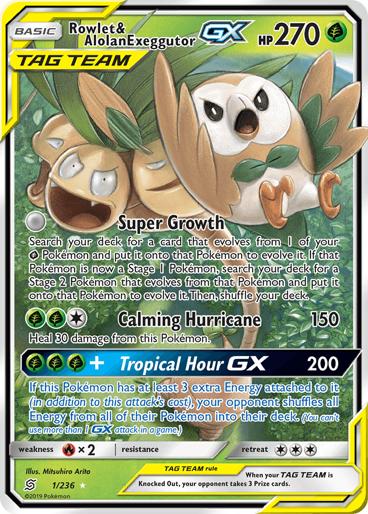 Rowlet & Alolan Exeggutor GX — Unified Minds #1/236, PSA 10