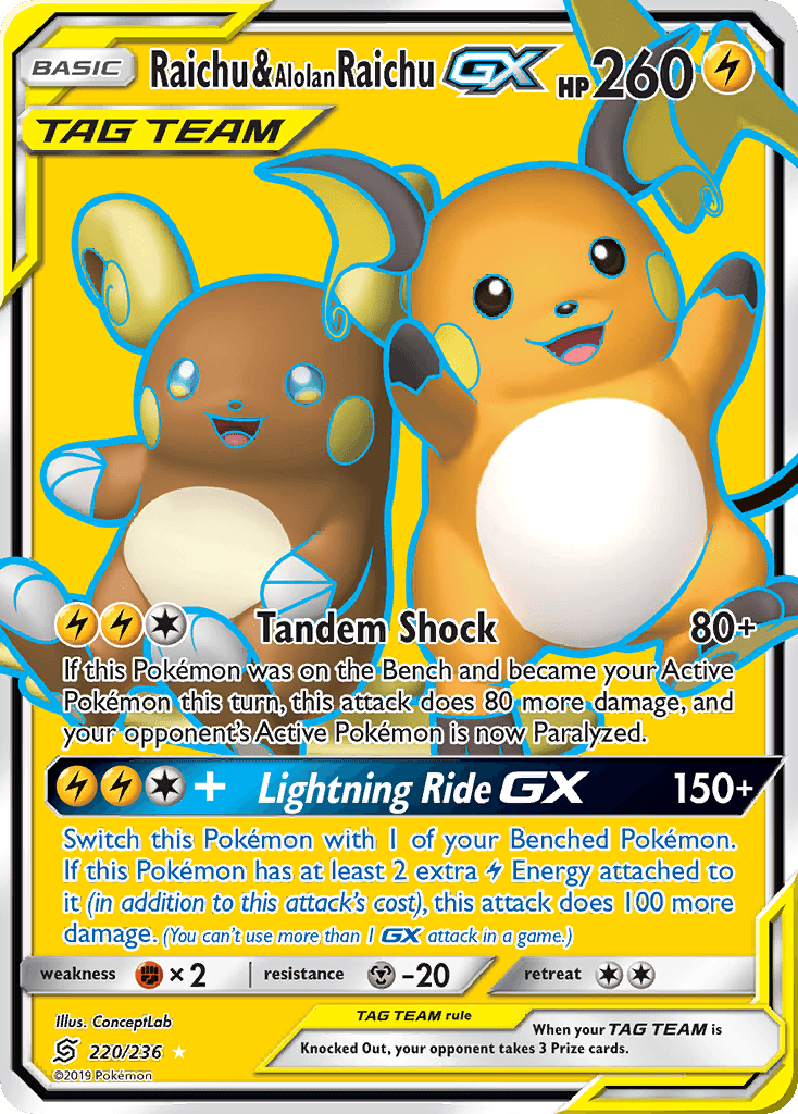 Raichu & Alolan Raichu GX — Unified Minds #220/236, raw, NM
