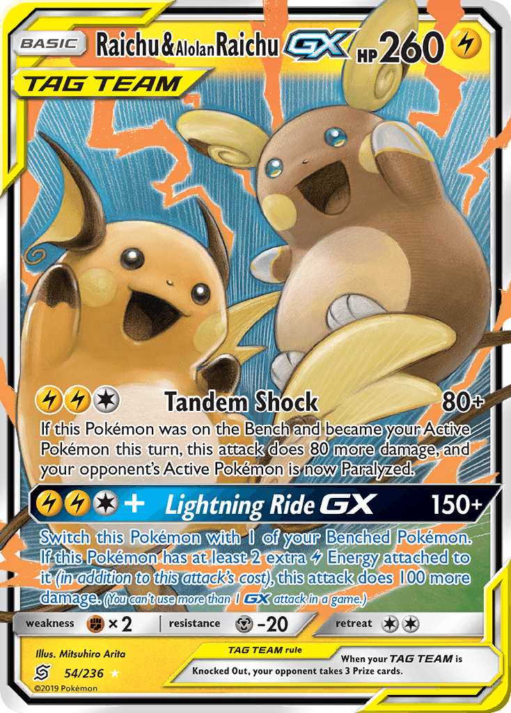 Raichu & Alolan Raichu GX — Unified Minds #54/236, PSA 10