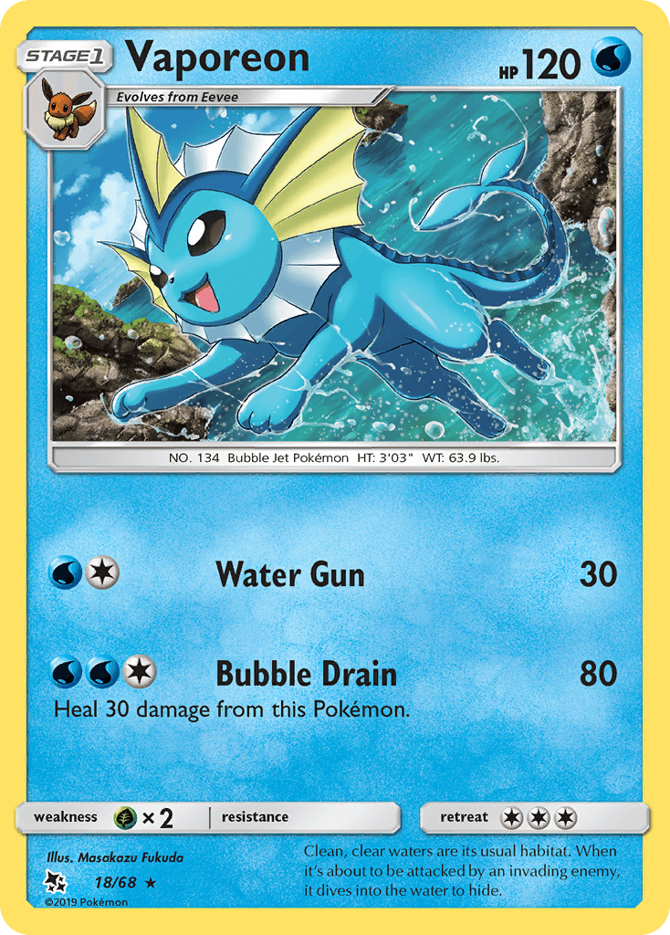 Vaporeon — Hidden Fates #18/68, raw, NM
