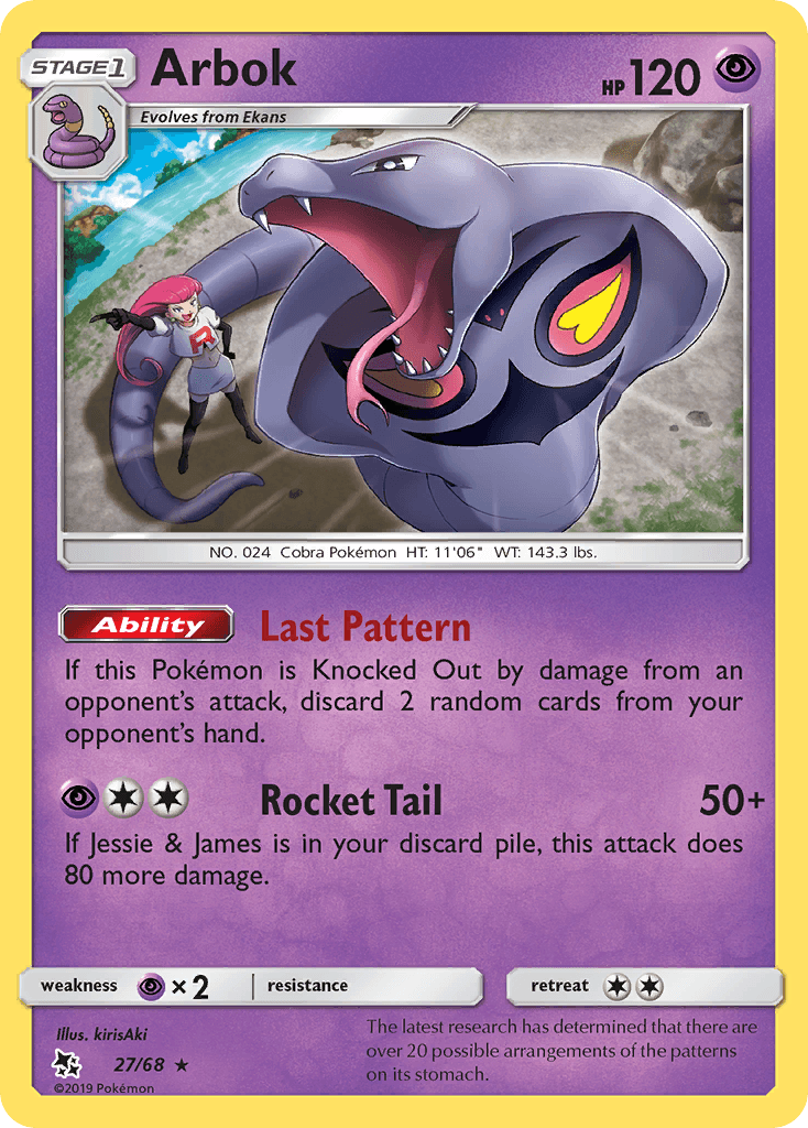 Arbok — Hidden Fates #27/68, raw, NM