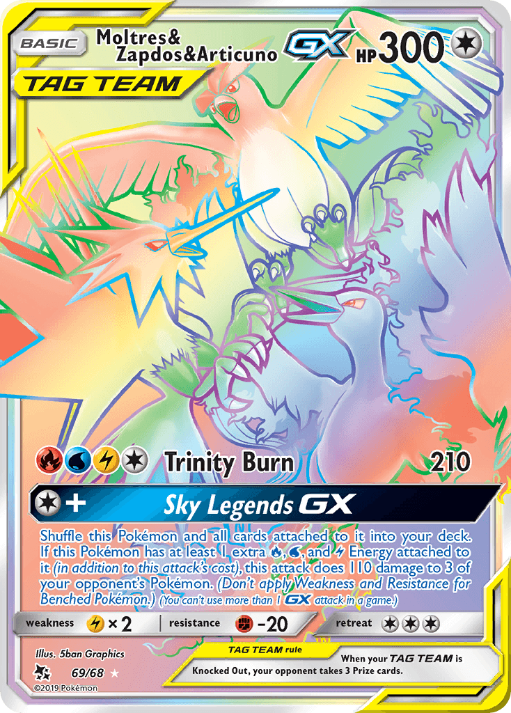 Moltres & Zapdos & Articuno GX — Hidden Fates #69/68, raw, NM