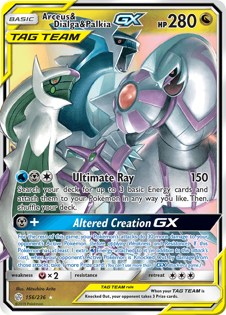 Arceus & Dialga & Palkia GX — Cosmic Eclipse #156/236, PSA 10