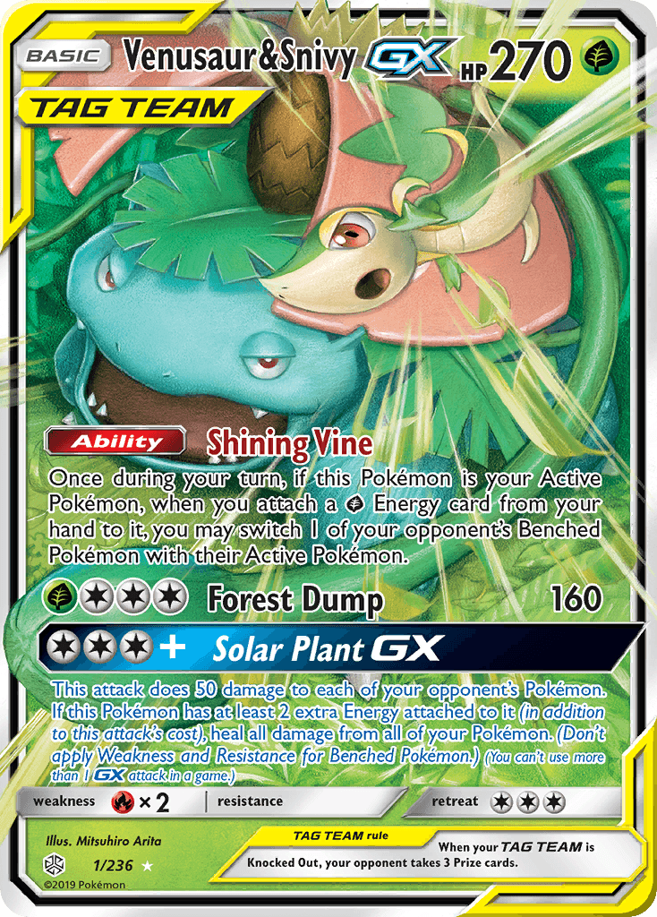 Venusaur & Snivy GX — Cosmic Eclipse #1/236, PSA 9