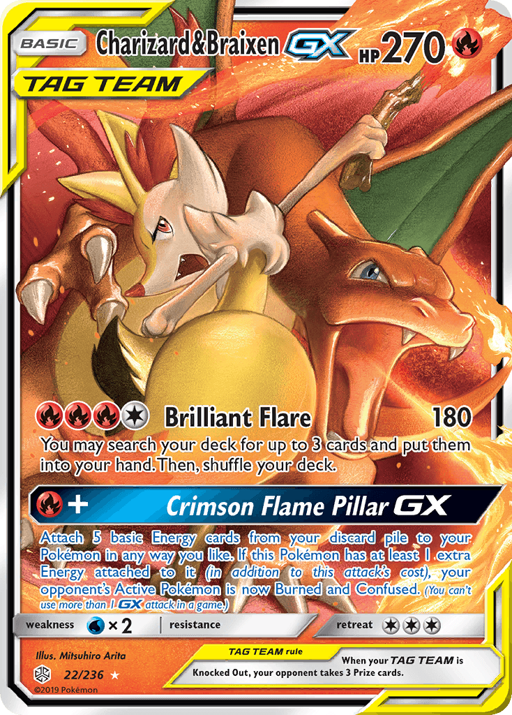 Charizard & Braixen GX — Cosmic Eclipse #22/236, raw, NM