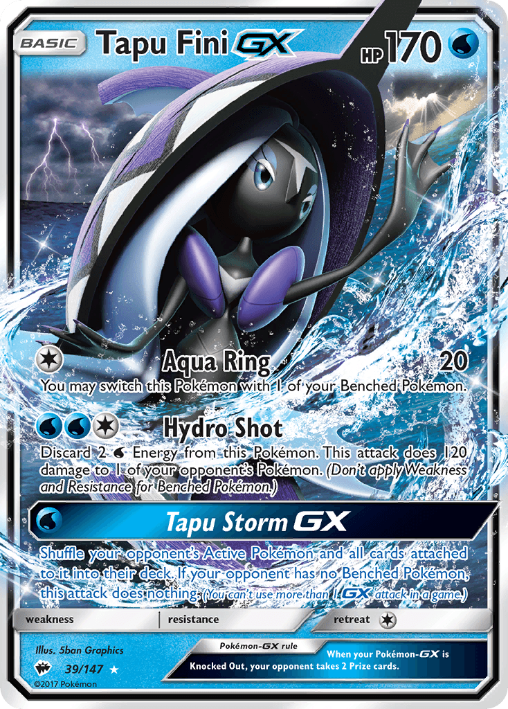 Tapu Fini GX — Burning Shadows #39/147, raw, NM