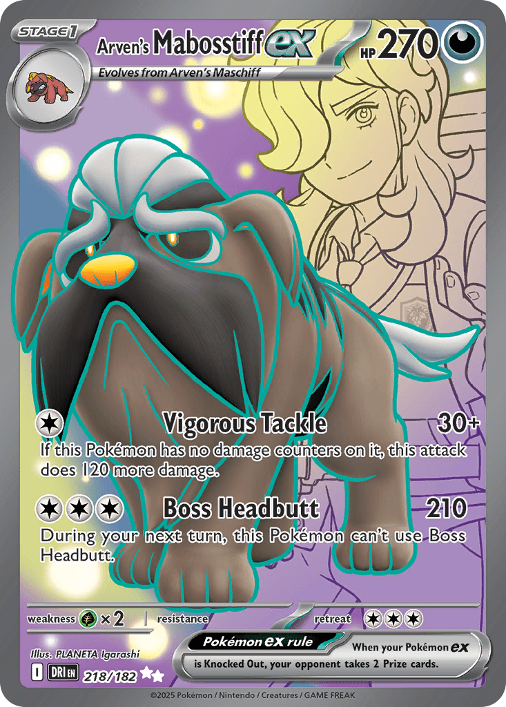 Arven's Mabosstiff ex — Destined Rivals #218/182, raw, NM