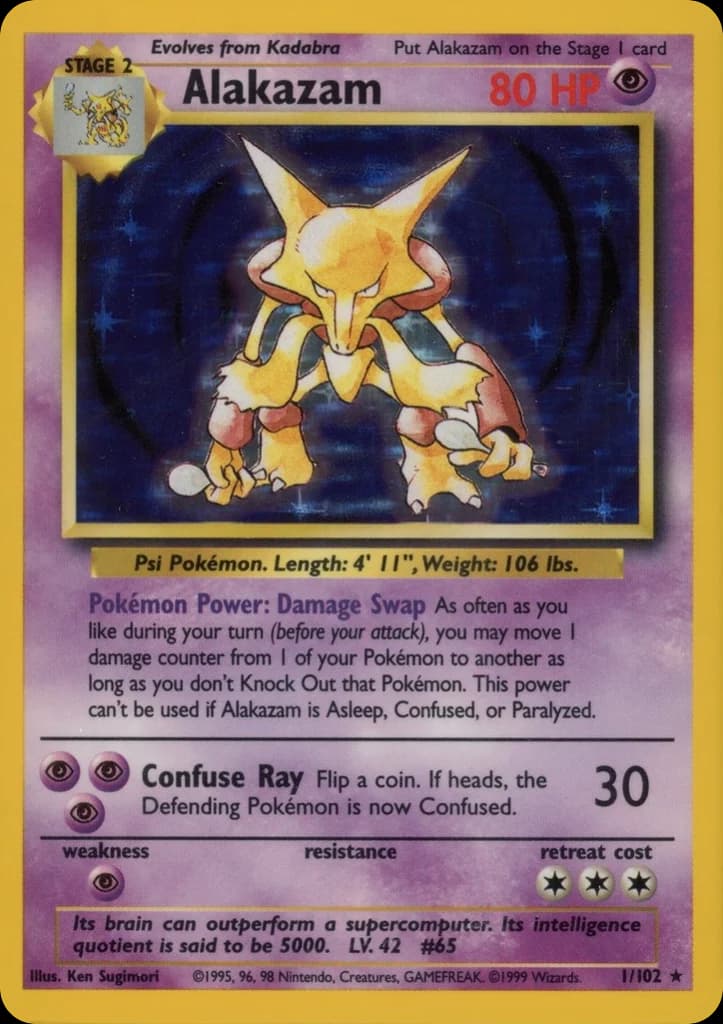 Alakazam — Base #1/102, raw, NM
