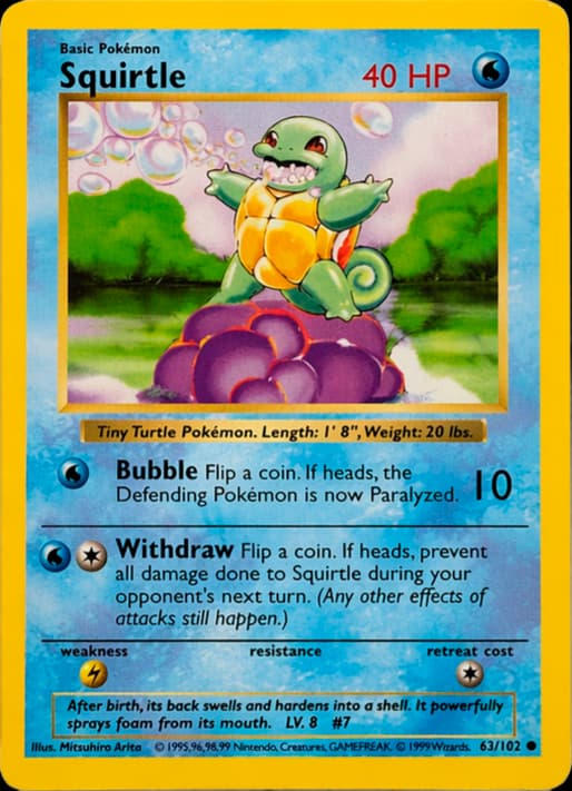 Squirtle — Base #63/102, raw, NM