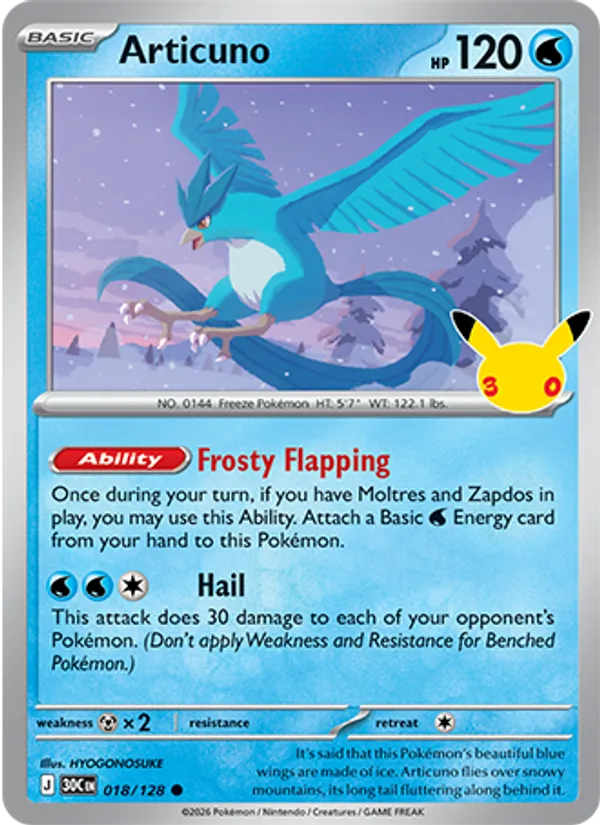 Articuno — 30th Celebration #018/128, raw, NM