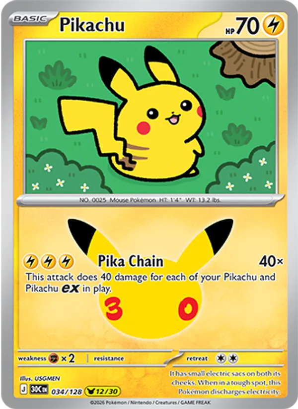 Pikachu — 30th Celebration #034/128, raw, NM