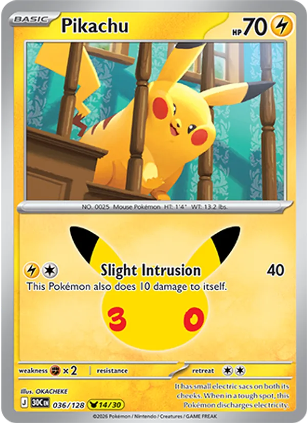 Pikachu — 30th Celebration #036/128, raw, NM