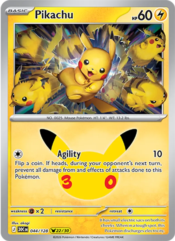 Pikachu — 30th Celebration #044/128, raw, NM