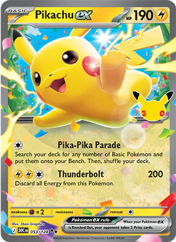 Pikachu ex — 30th Celebration #053/128, raw, NM