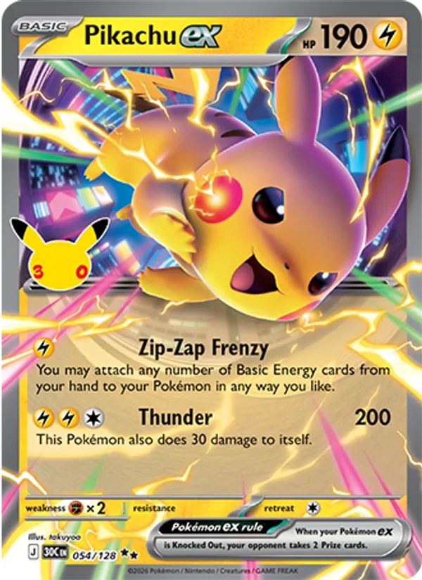 Pikachu ex — 30th Celebration #054/128, raw, NM
