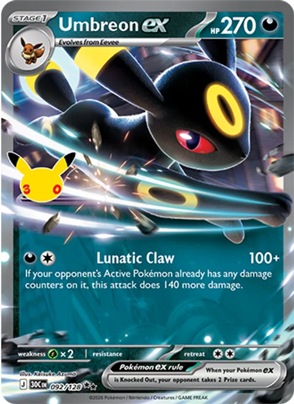 Umbreon ex — 30th Celebration #092/128, raw, NM