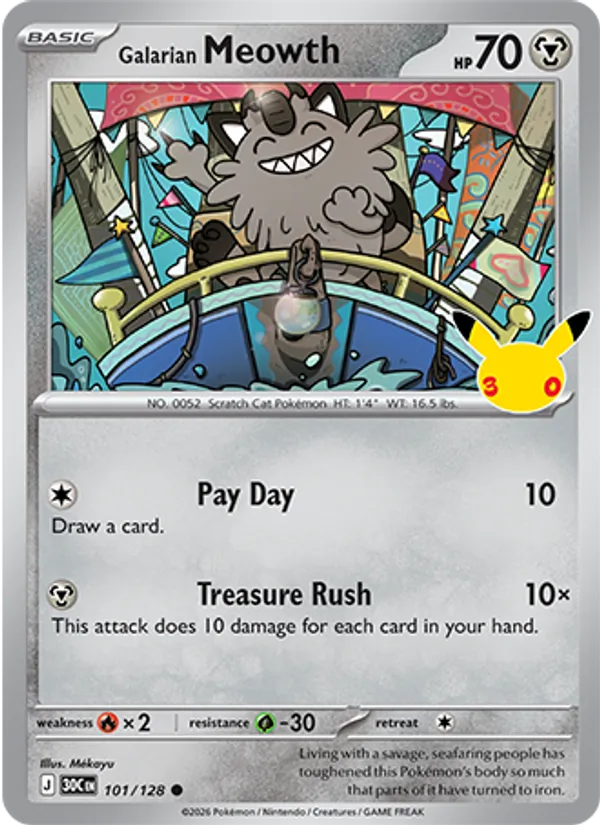 Galarian Meowth — 30th Celebration #101/128, raw, NM