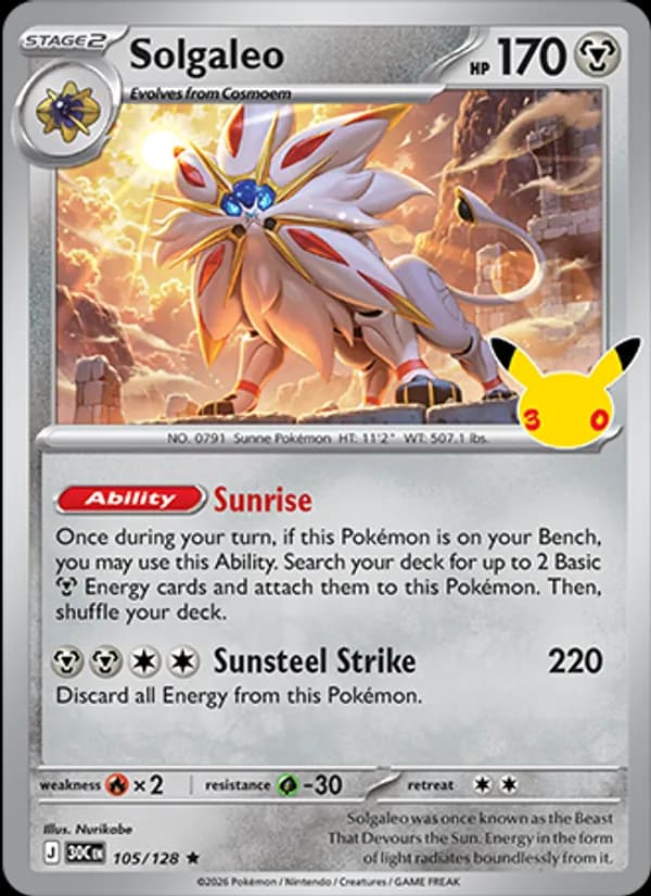 Solgaleo — 30th Celebration #105/128, raw, NM