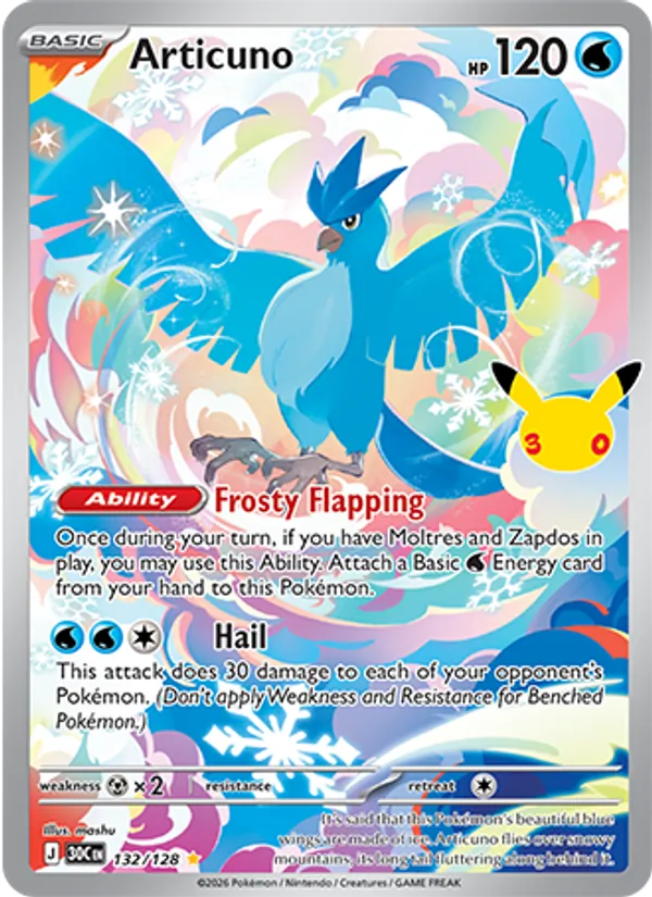 Articuno — 30th Celebration #132/128, raw, NM
