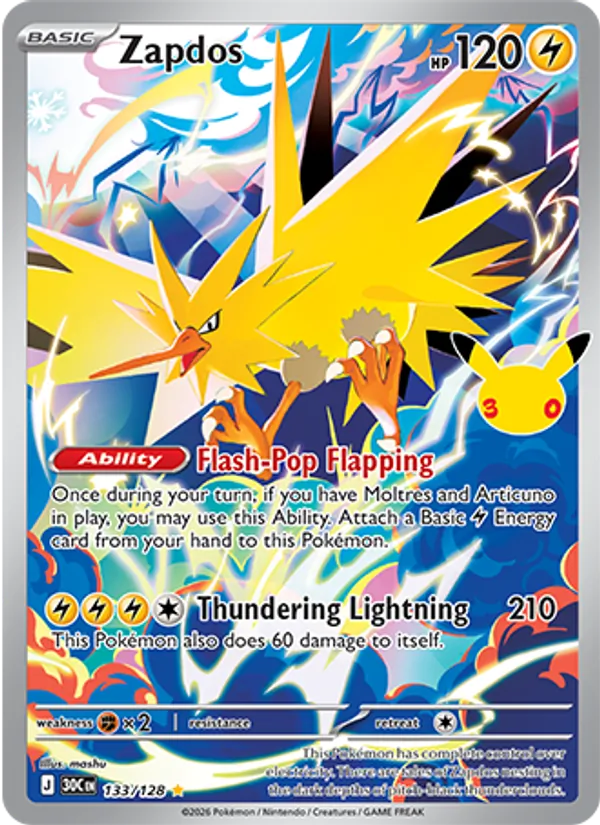 Zapdos — 30th Celebration #133/128, raw, NM