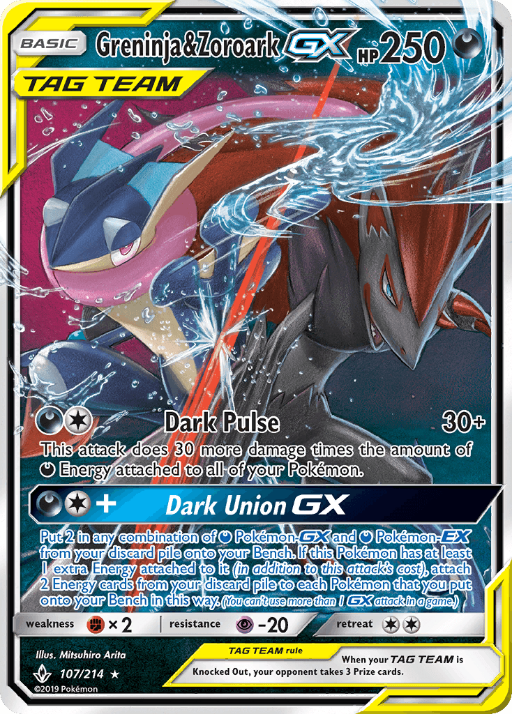 Greninja & Zoroark GX — Unbroken Bonds #107/214, PSA 10