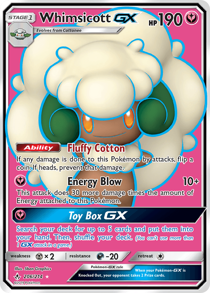 Whimsicott GX — Unbroken Bonds #206/214, raw, NM