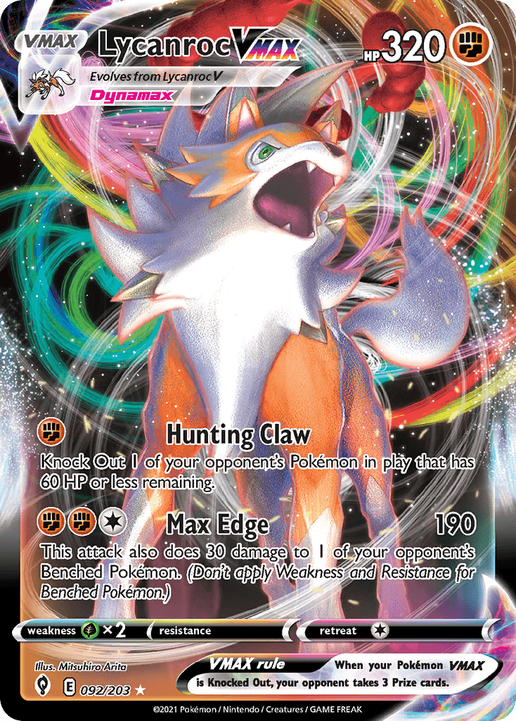 Lycanroc VMAX — Evolving Skies #92/203, raw, NM